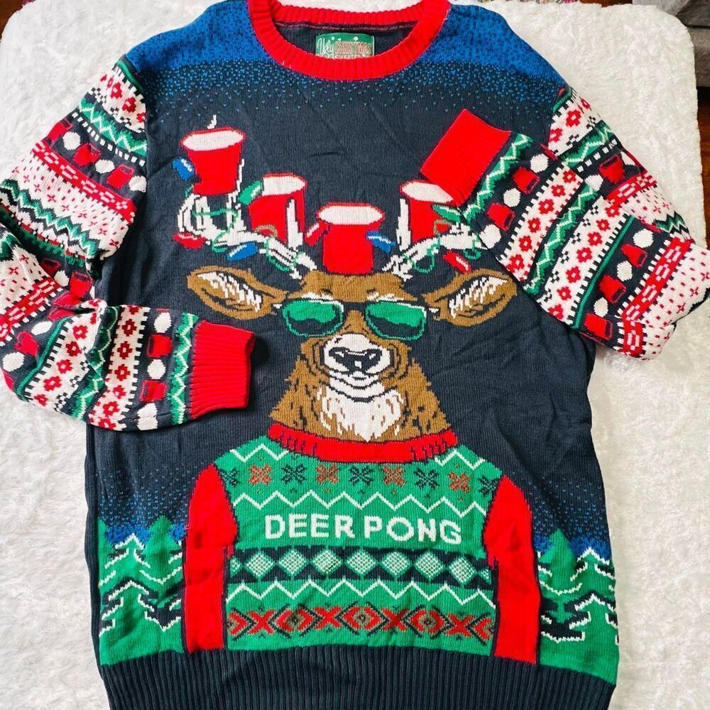 Ugly Christmas Sweater Womens Red Green Deer Pong Knit Holiday Sweater XXL NWOT